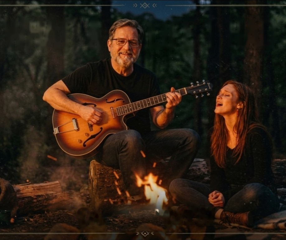 Wren playing guitar on a log by a campfire while Kat sits at his feet, singing along